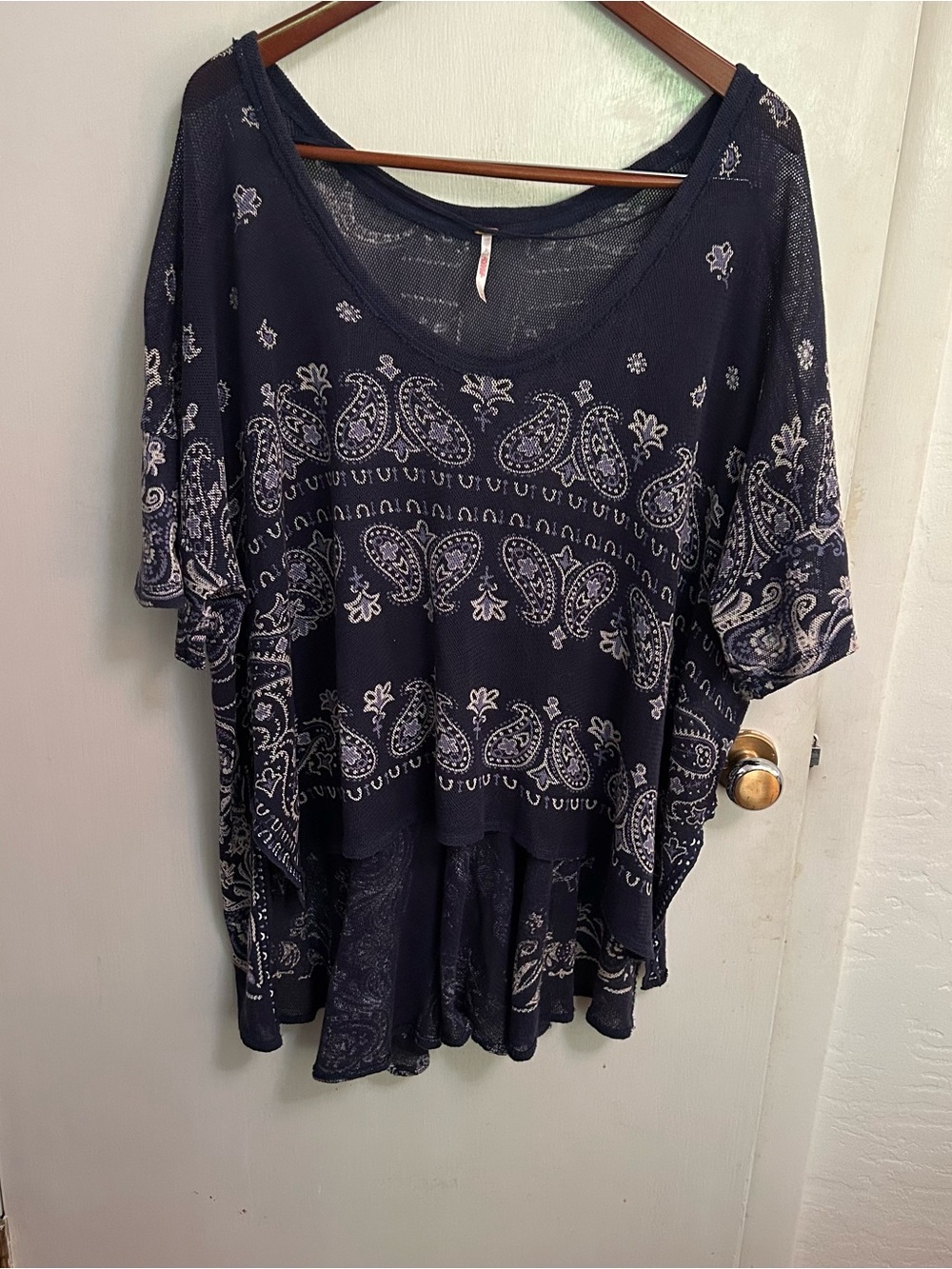 Free People No Matter Tunic Top Oversized Mesh Size M Blue Sheer Boho Beachy